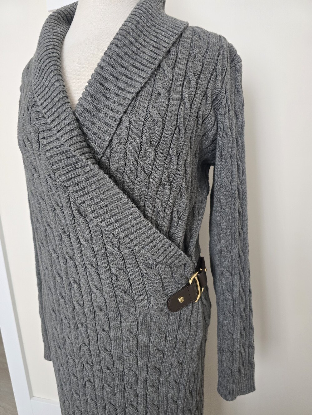 Lauren Ralph Lauren Gray Cable-Knit Wrap Sweater Dress Size L